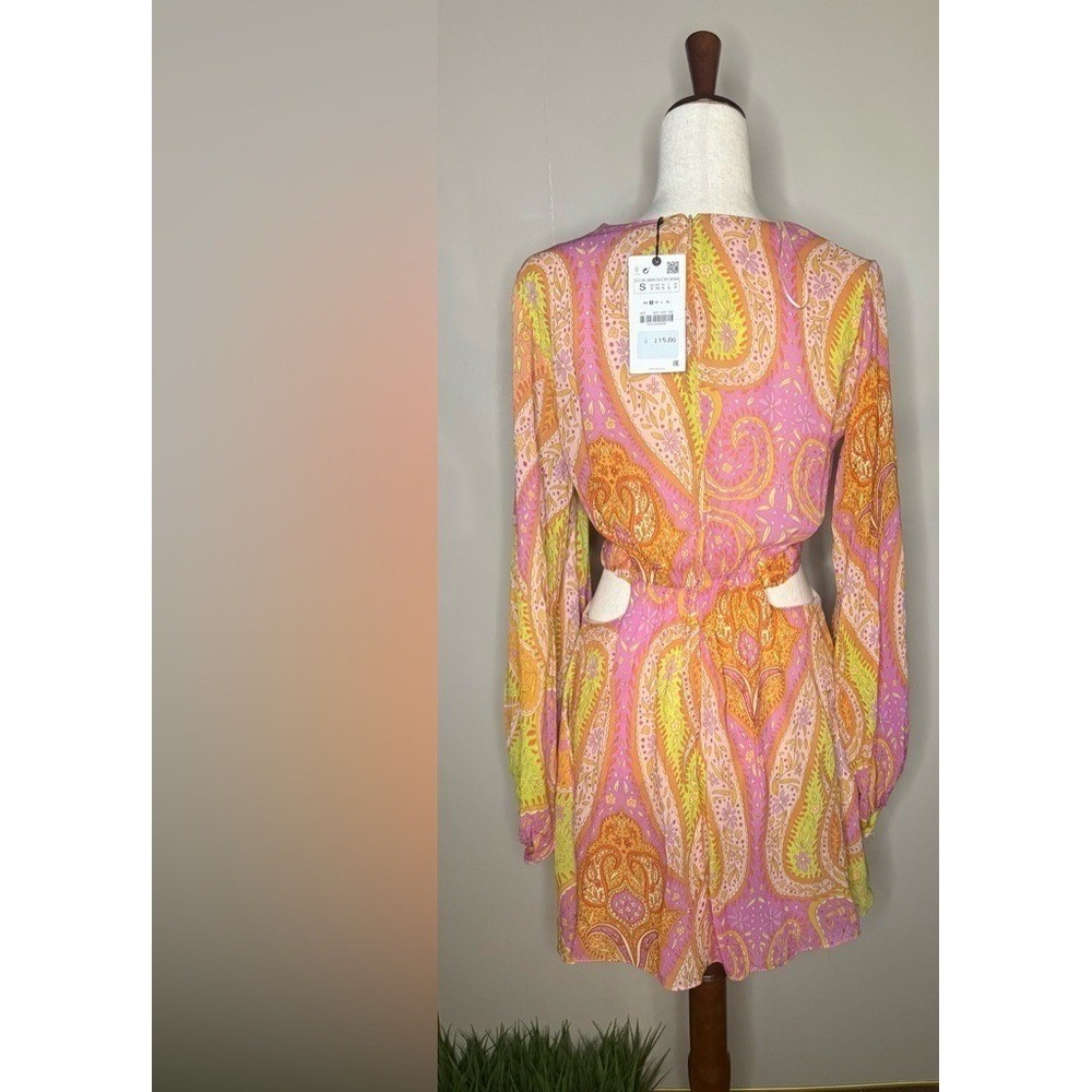 Zara Paisley Cutout Mini Dress NWT‎ Boho Festival Y2K Balloon Sleeve S - Picture 5 of 10
